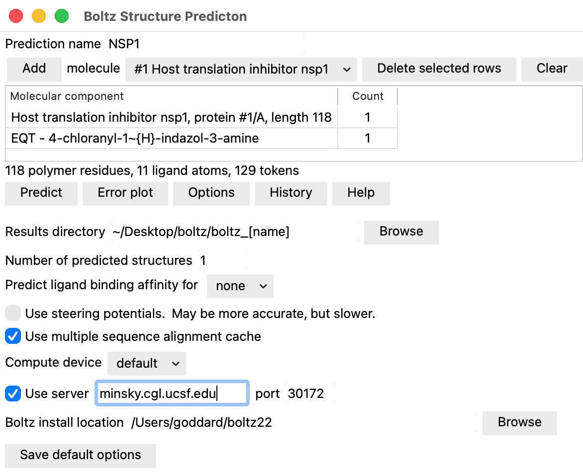 ChimeraX Boltz user interface panel