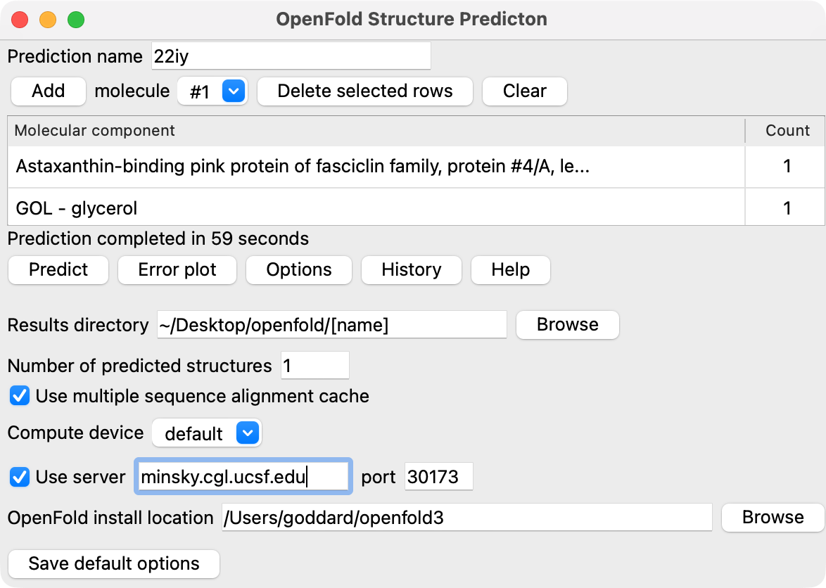 ChimeraX OpenFold user interface panel