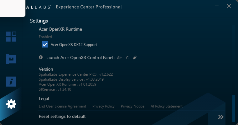 Acer OpenXR settings
