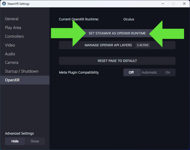 SteamVR OpenXR settings